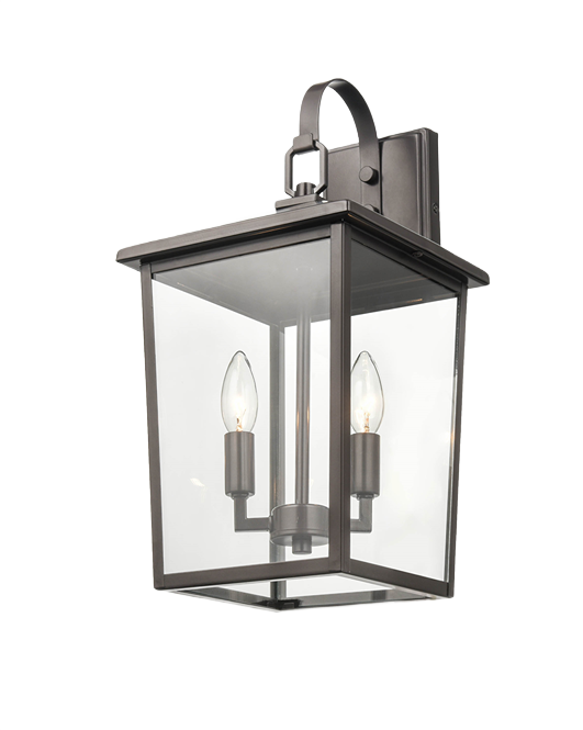 Bronze finished two-light outdoor wall lantern with clear glass for outdoor living and home improvement collections