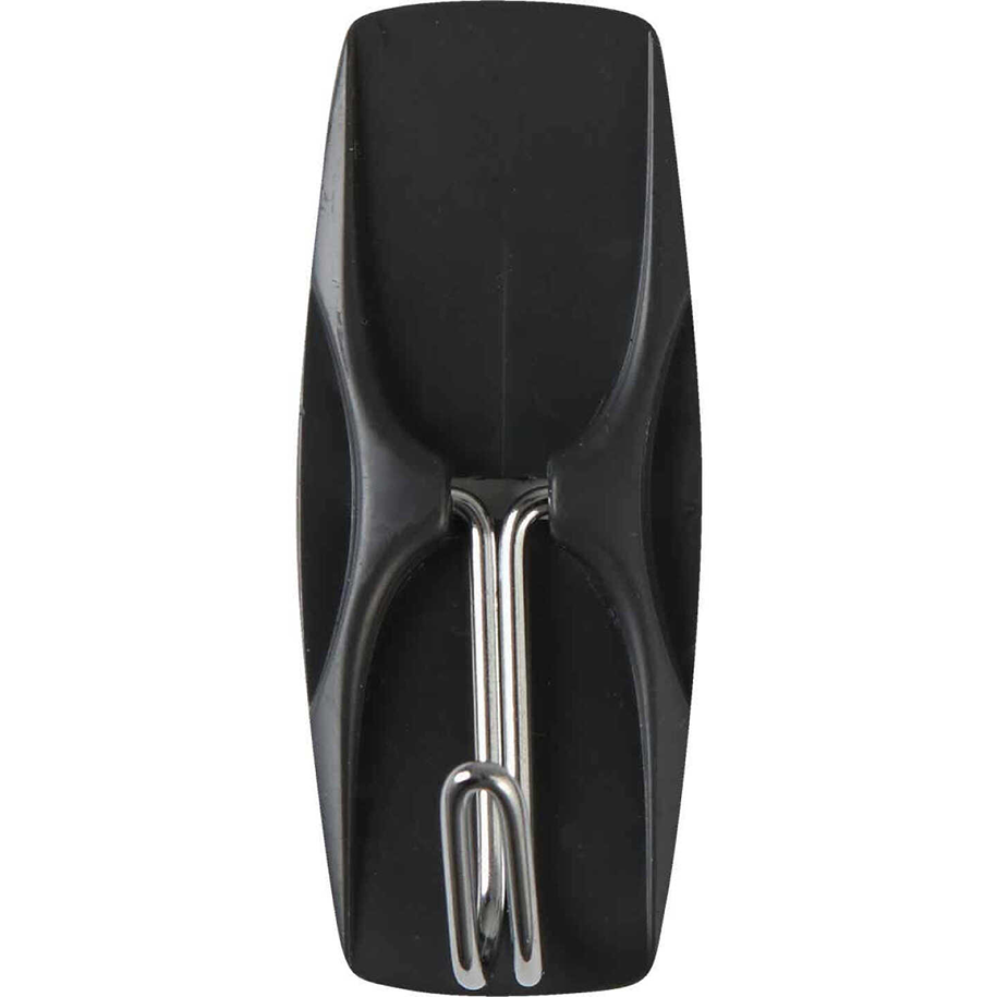 Single stainless steel wire hook attached to black adhesive mount for outdoor home improvement and fastener use