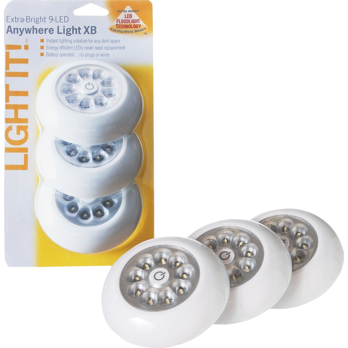 Set of three white 9-bulb LED battery-powered tap lights for versatile home improvement lighting solutions
