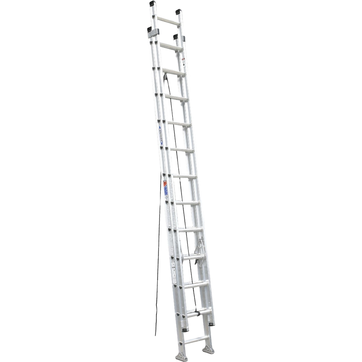 Aluminum extension ladder with flat D rungs and full I-beam rails for industrial and home improvement tasks