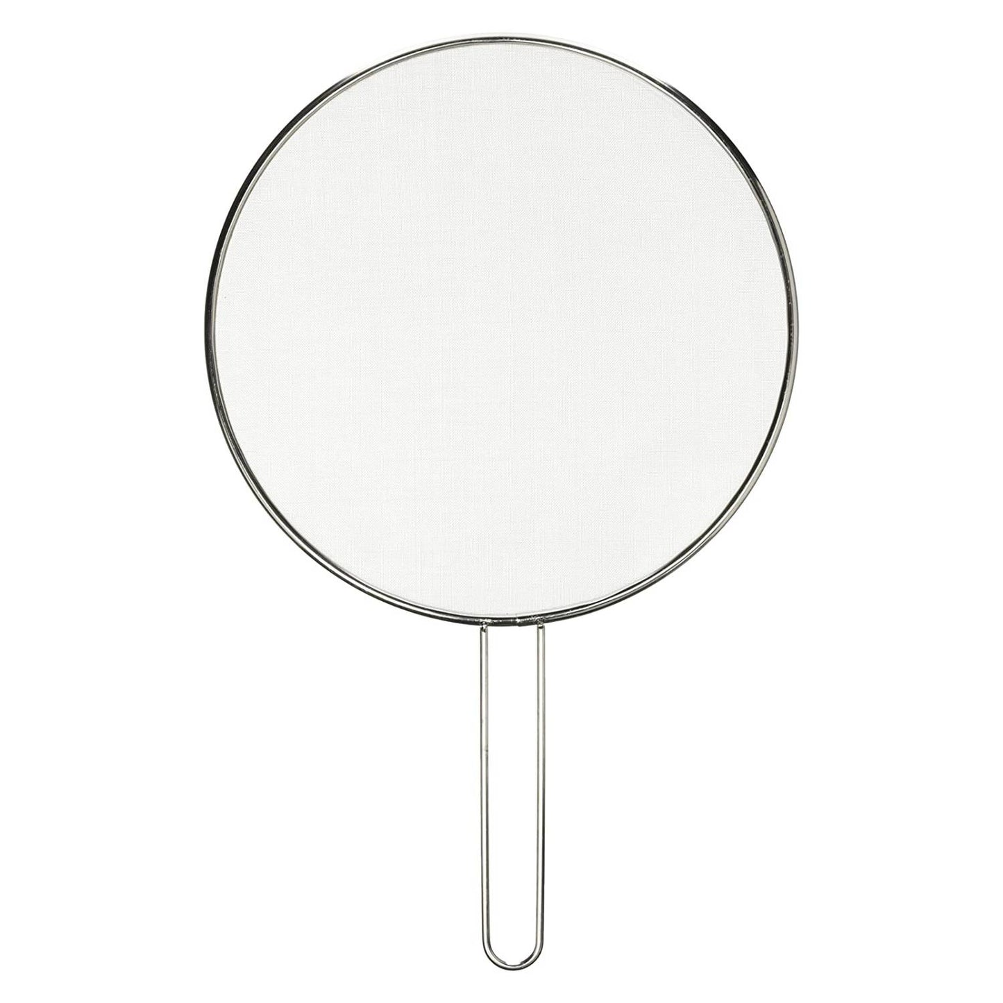 Round stainless steel splatter screen with wire handle for kitchenware to prevent stovetop messes and splashes
