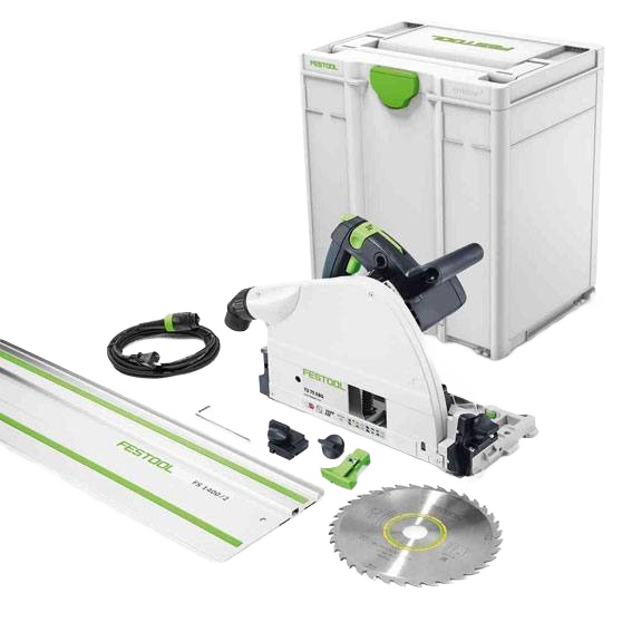 Corded plunge saw with track guide and circular blade, packaged in a white and green Festool storage case for power tools collection.