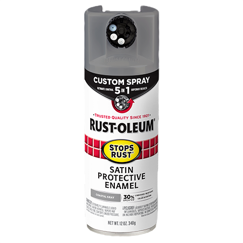 Rust-Oleum satin protective enamel spray in coastal gray with 5-in-1 custom spray for home improvement tools