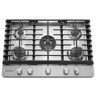 Stainless steel 30-inch gas cooktop with five burners and black cast iron grates for home improvement use