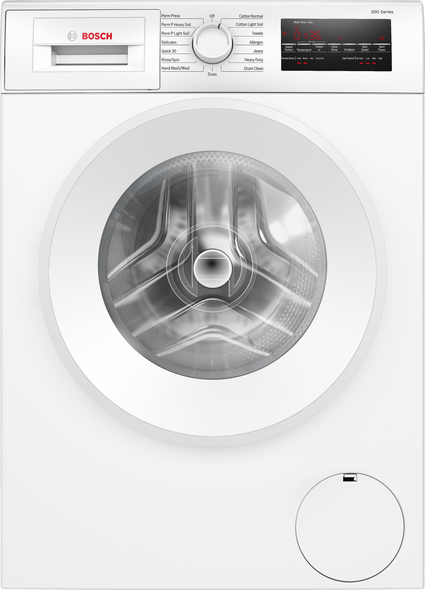 Front view of a compact Bosch washing machine with digital display, control dial, and clear door in washers collection