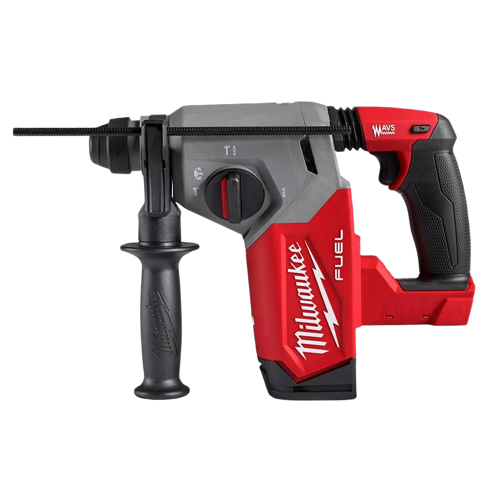 Cordless red and black rotary hammer drill with ergonomic grip for heavy-duty home improvement and tools use