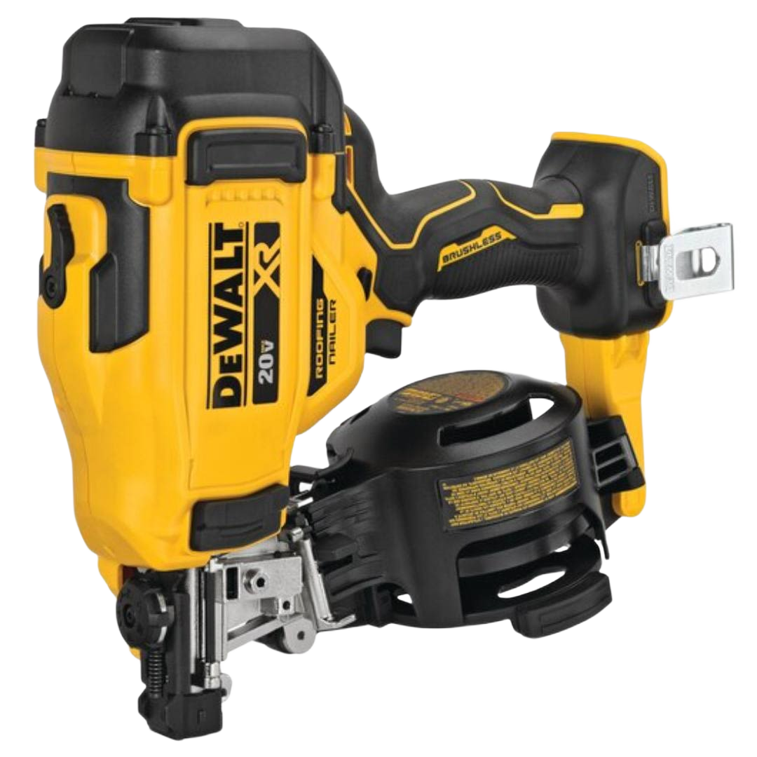 Yellow and black cordless coil roofing nailer designed for efficient home improvement and roofing applications