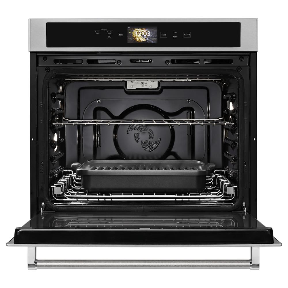 Open stainless steel single wall oven from KitchenAid with digital display and interior cooking racks from Appliances collection