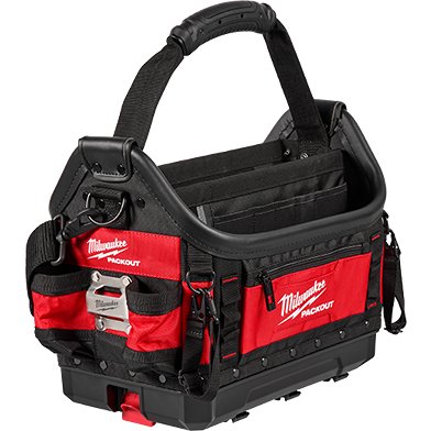 Red and black Milwaukee PACKOUT™ 15" structured tote with reinforced ballistic material for tool storage and jobsite use