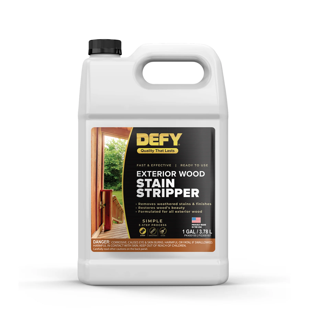 White plastic jug of exterior wood stain stripper with label highlighting fast, simple prep for home improvement use