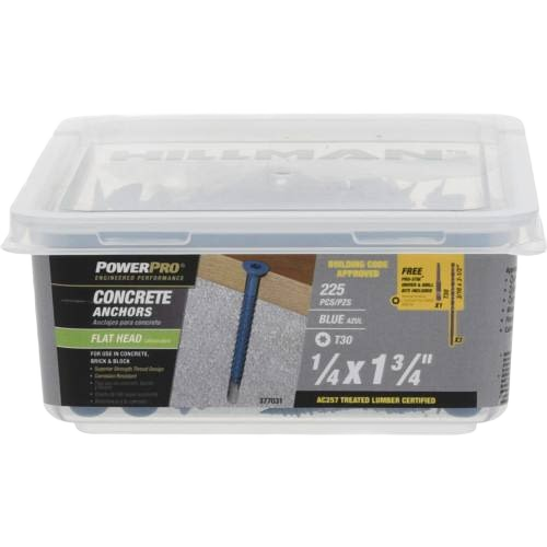 Container of 1/4 inch by 1-3/4 inch blue flat-head concrete screw anchors for hardware and fasteners collections