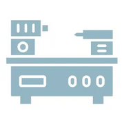 Simplified blue icon of a lathe machine used for shaping materials, representing tools commonly used in home improvement and workshop settings.