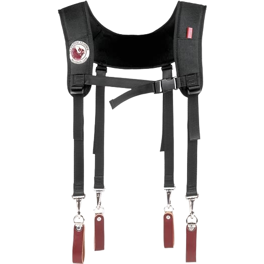 Black leather and nylon suspenders with metal clips and adjustable straps for tool belts and workshop organization safety gear