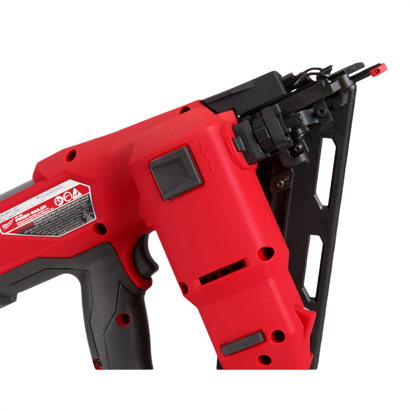 Red and black 15-gauge angled finish nailer designed for professional tools and home improvement projects