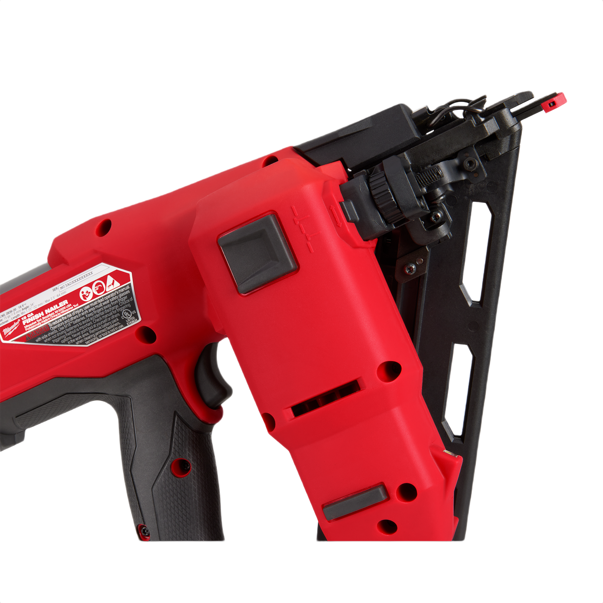 Red and black 15-gauge angled finish nailer designed for professional tools and home improvement projects
