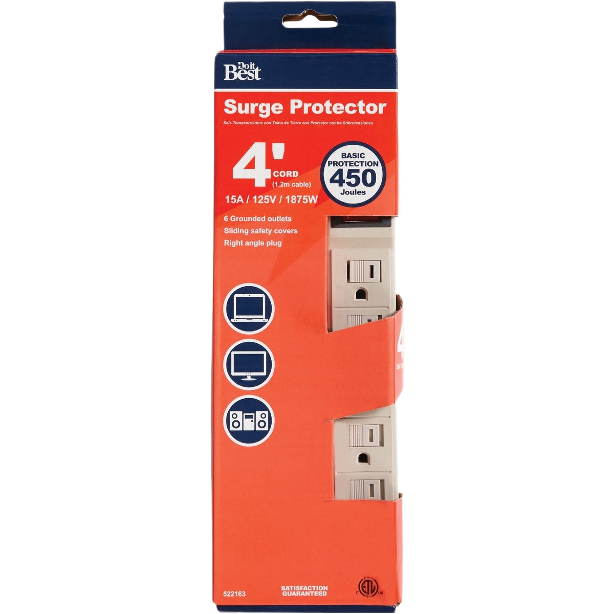 Tan power surge protector strip with six grounded outlets and four-foot cord for home and tool use