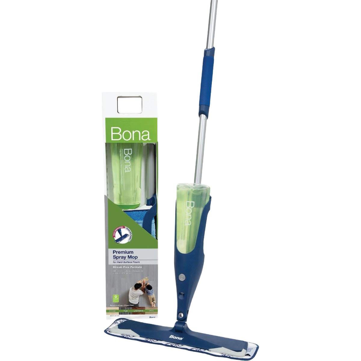 Blue and green spray mop with refill bottle and packaging for stone, tile, and laminate floor cleaning in home improvement use