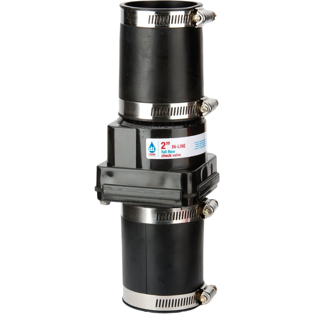 Black 2-inch ABS thermoplastic in-line sump pump check valve with metal clamps for plumbing and home improvement