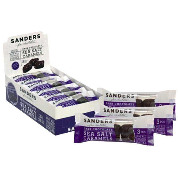 Box of individually wrapped dark chocolate sea salt caramels in candy and food & beverage collections under $25