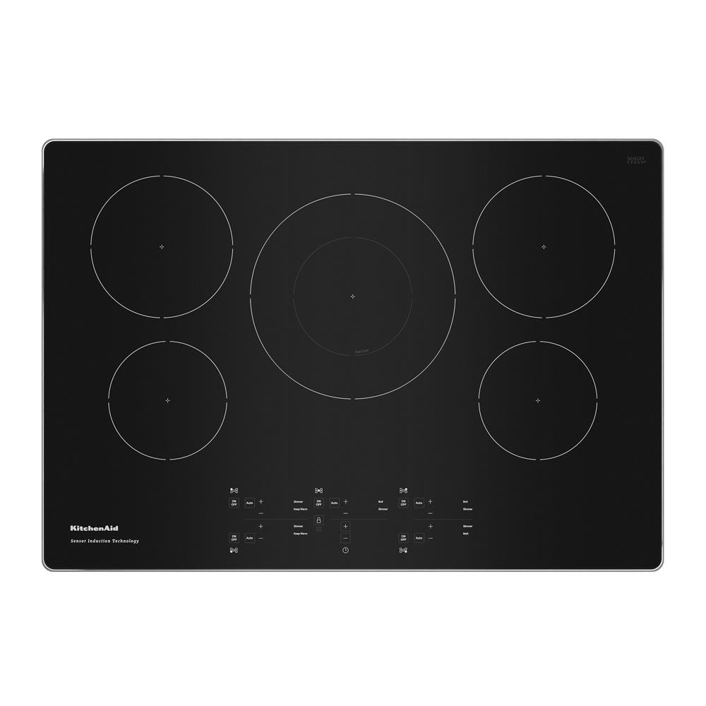 Black smooth glass 30-inch induction cooktop with five sensor-controlled cooking elements from KitchenAid appliances collection
