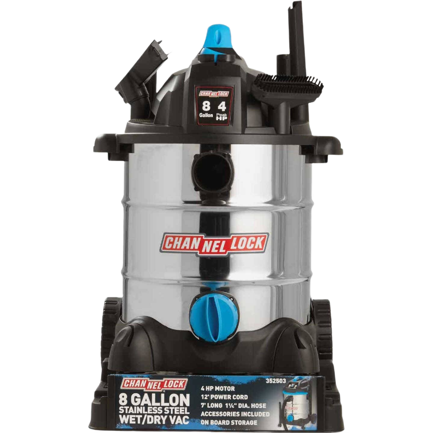 8-gallon stainless steel wet and dry vacuum with 4-peak horsepower motor and onboard tool storage for home improvement tasks
