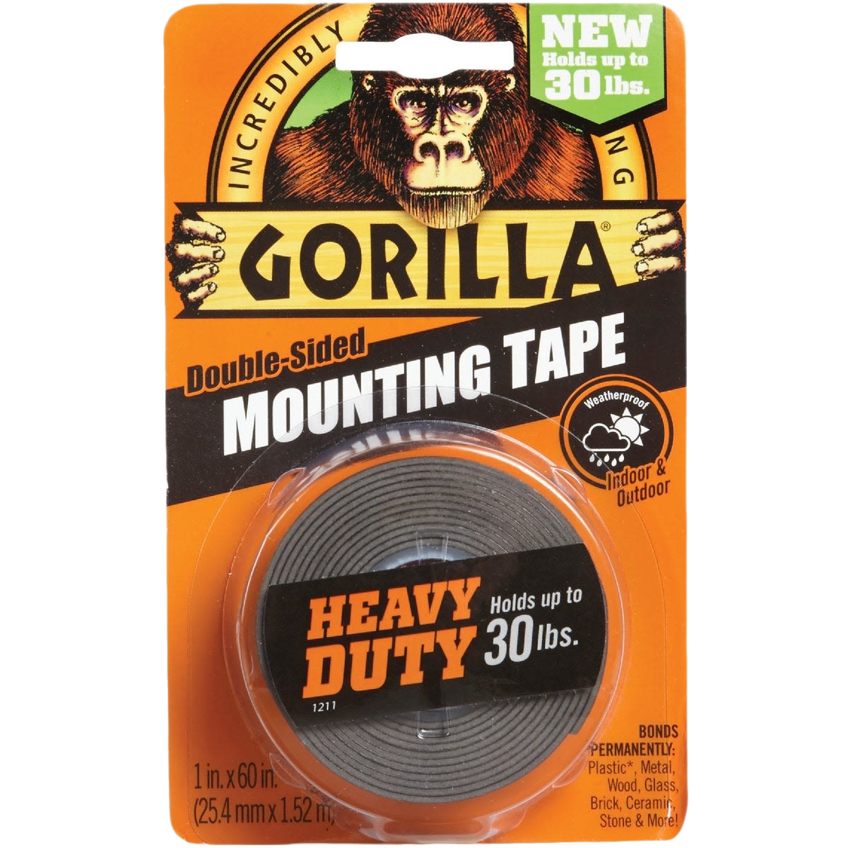 Gorilla black double-sided heavy-duty mounting tape roll for indoor and outdoor home improvement projects