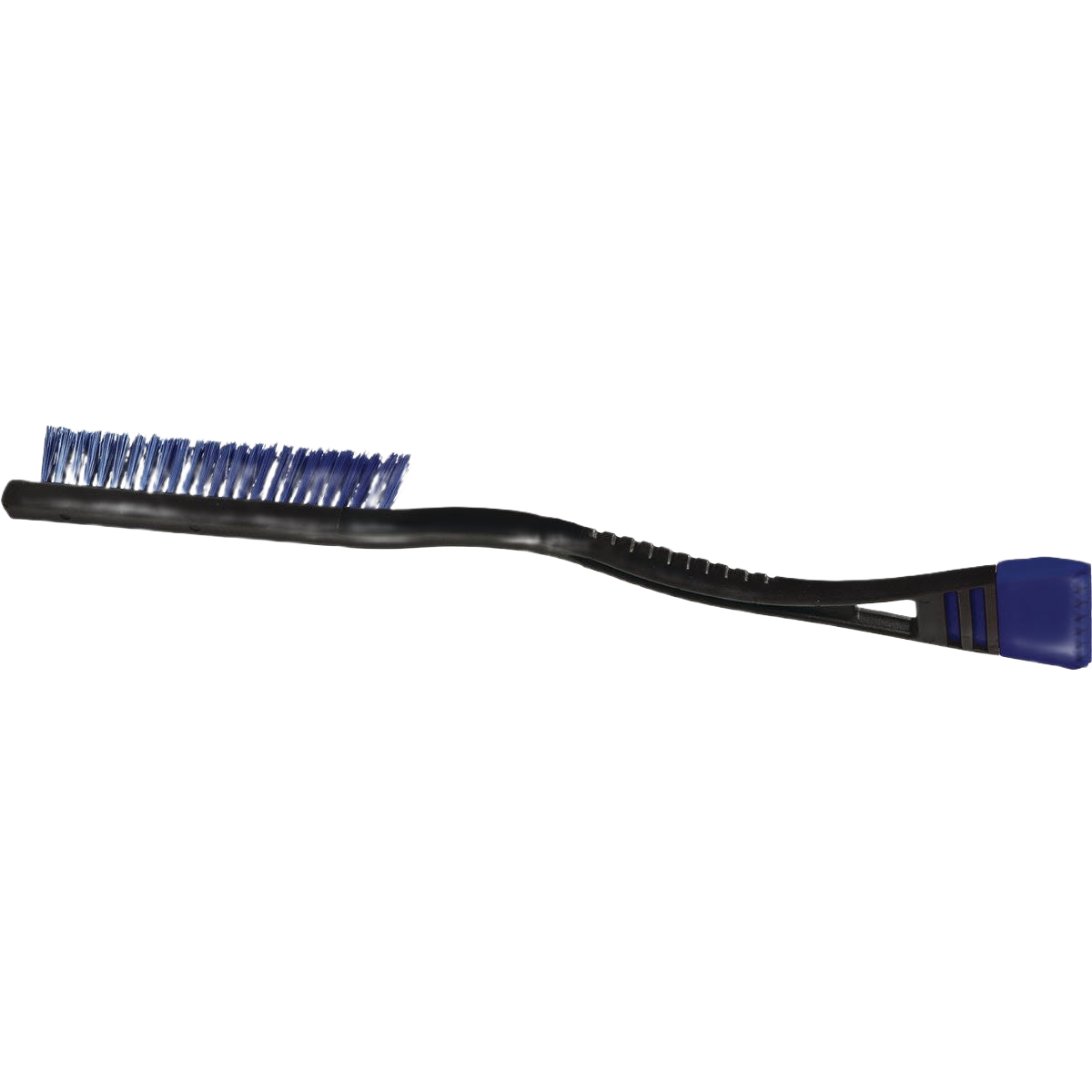 Black plastic snow brush with blue bristles and integrated ice scraper, suitable for automotive and outdoor hand tools under $50 collections