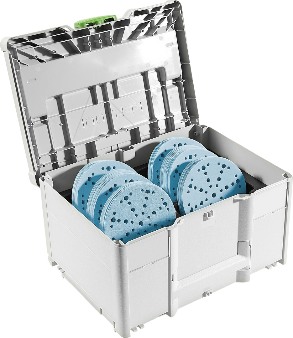 Organized gray Systainer³ case holding multiple blue circular sandpaper discs for sanding and grinding accessories collections