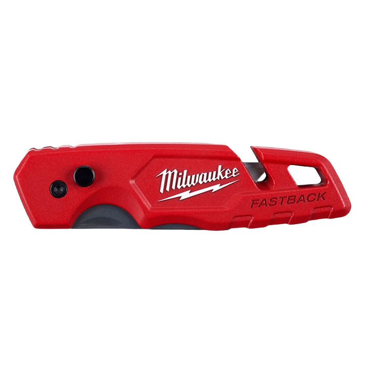 Compact red utility knife with one-handed blade opening and tool-free blade change for woodworking and home improvement tools
