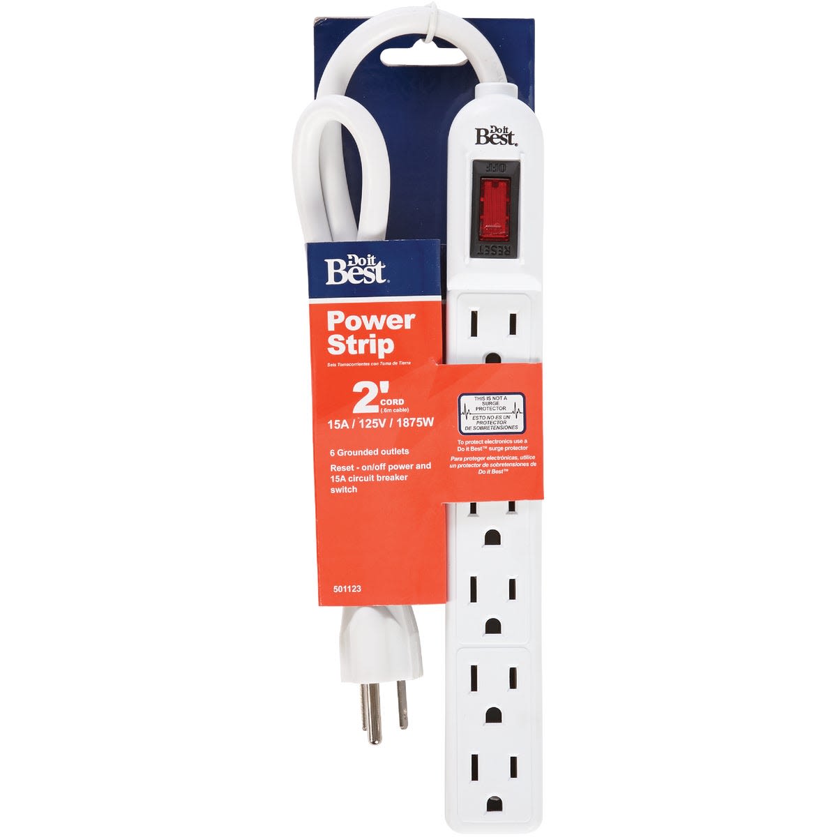 White 6-outlet power strip with 2-foot cord and reset switch for electrical and home improvement use