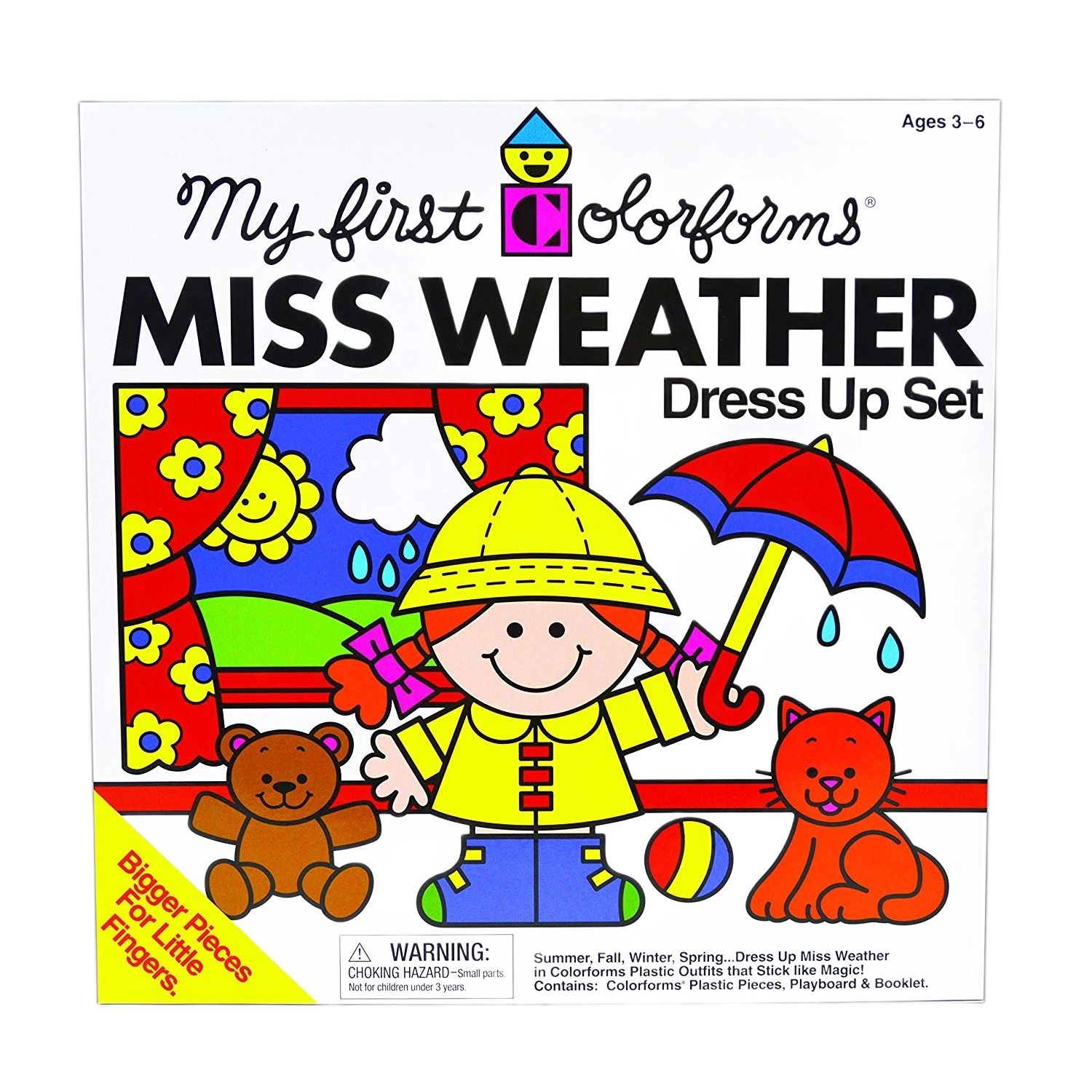Boxed Miss Weather dress-up set with colorful plastic pieces including umbrella, raincoat, and animal characters for children