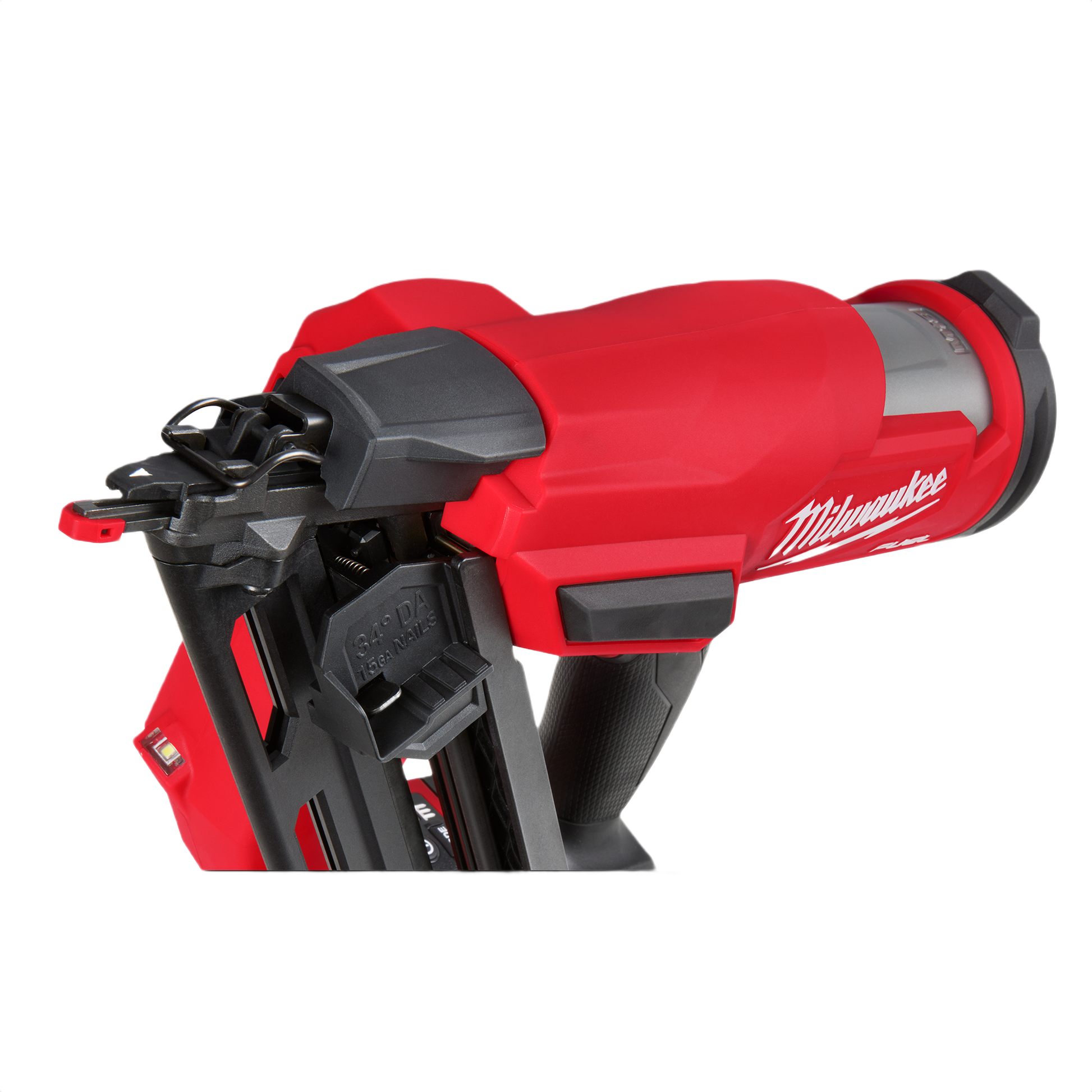 Red and black angled finish nailer with ergonomic grip designed for tools and home improvement projects