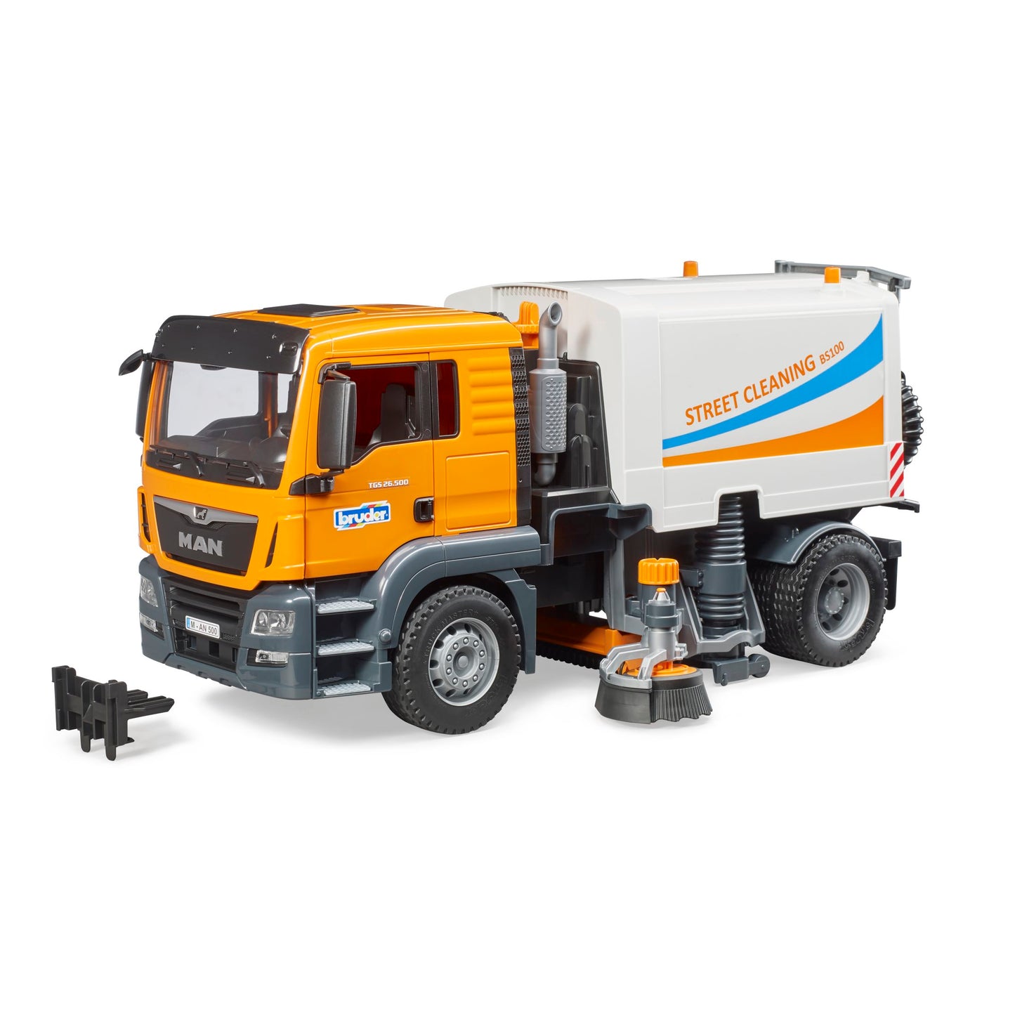 Orange and gray street sweeper toy with white cleaning container and detachable accessories in Bruder Toys & Vehicles collection