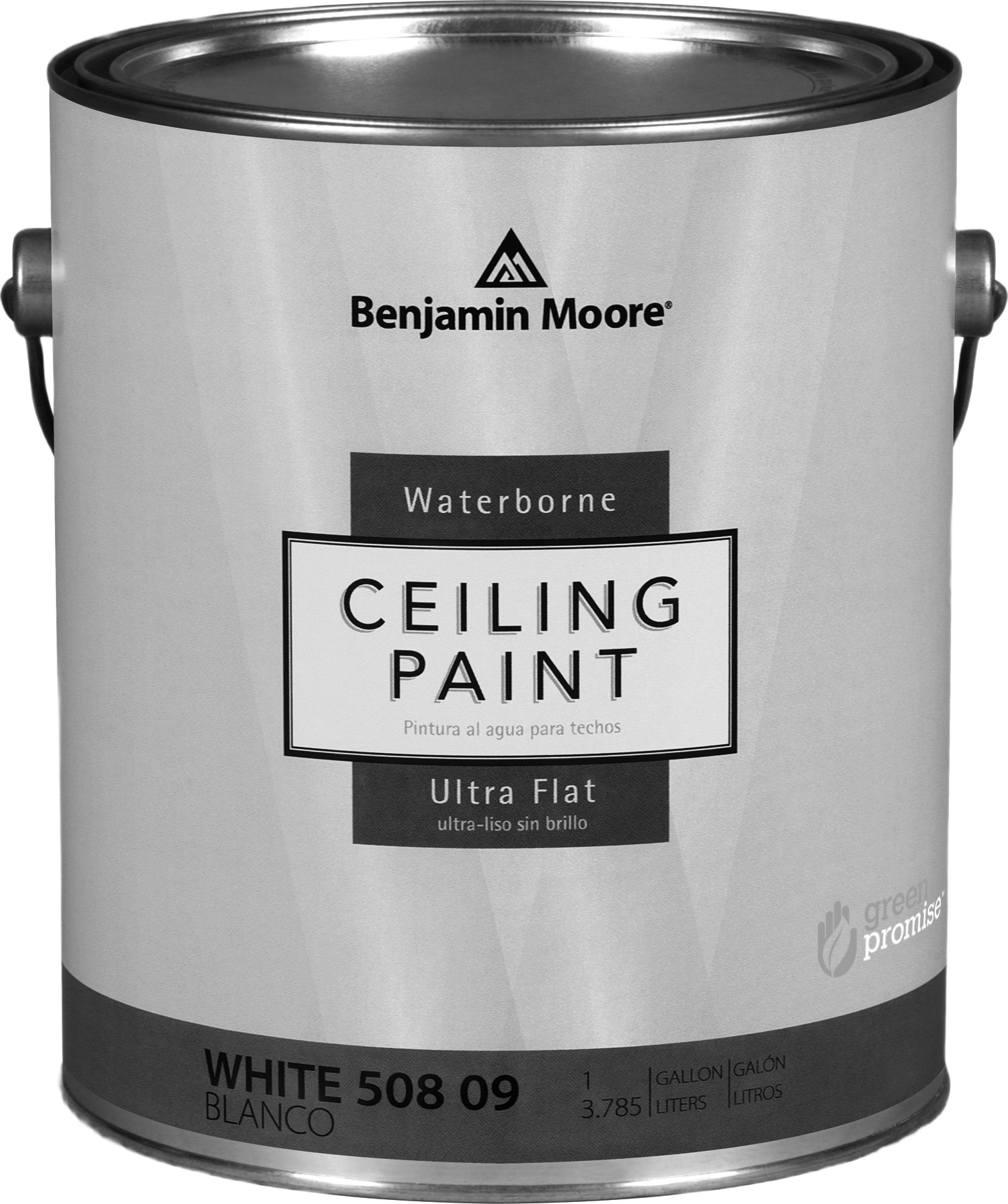 Benjamin Moore waterborne ultra flat white ceiling paint in one-gallon container for interior home improvement projects