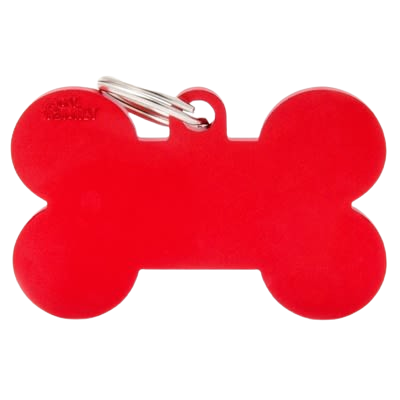 Red bone-shaped pet ID tag with metal ring attachment for secure and visible pet identification.