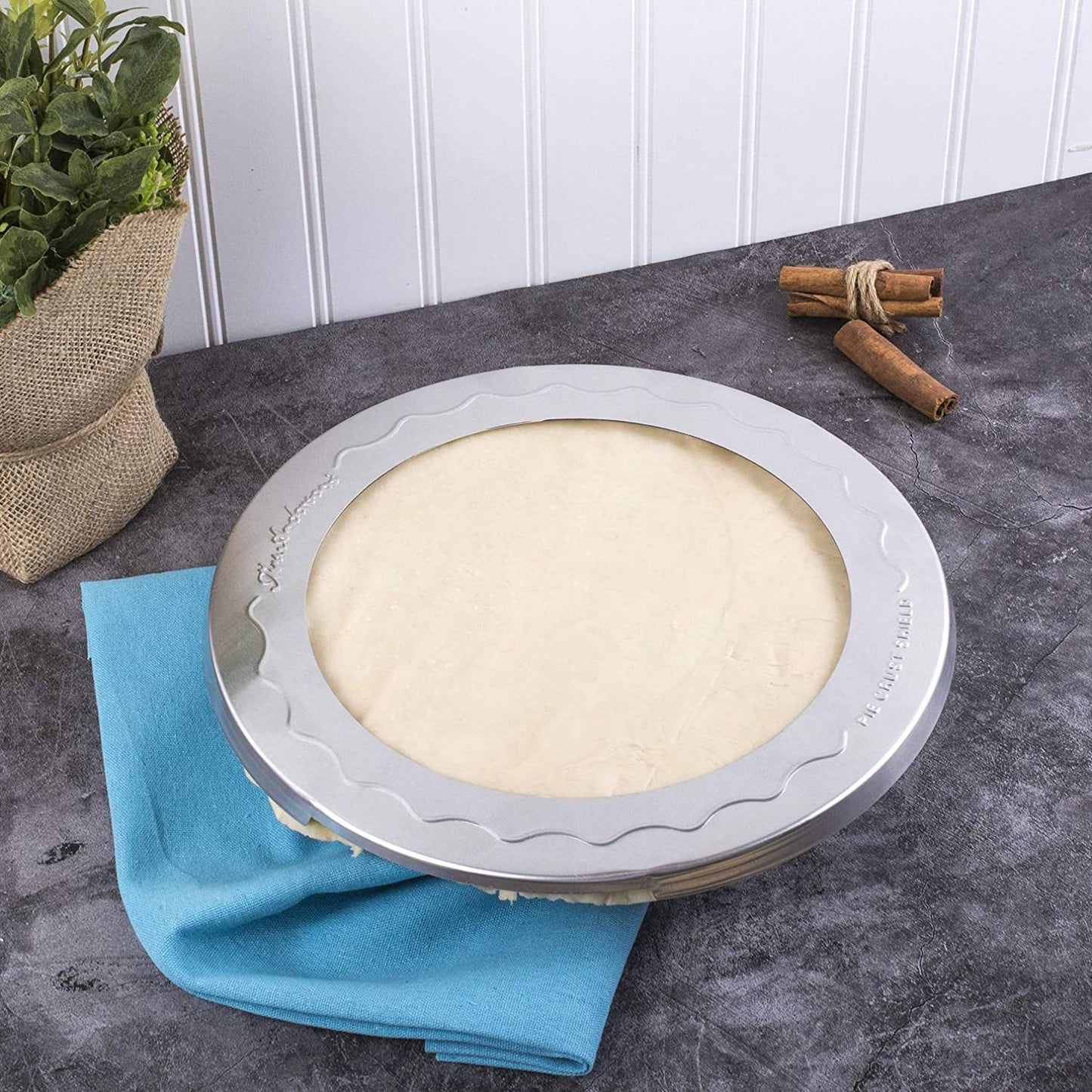 Metal 10 inch baking pie crust shield with wavy edge for protecting pie edges in kitchenware and bakeware collections under $50