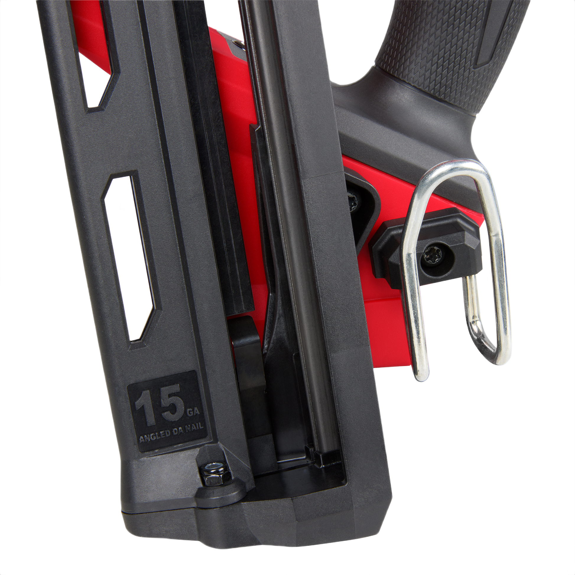 Close-up of red and black 15-gauge angled finish nailer showing magazine and ergonomic handle for home improvement tools