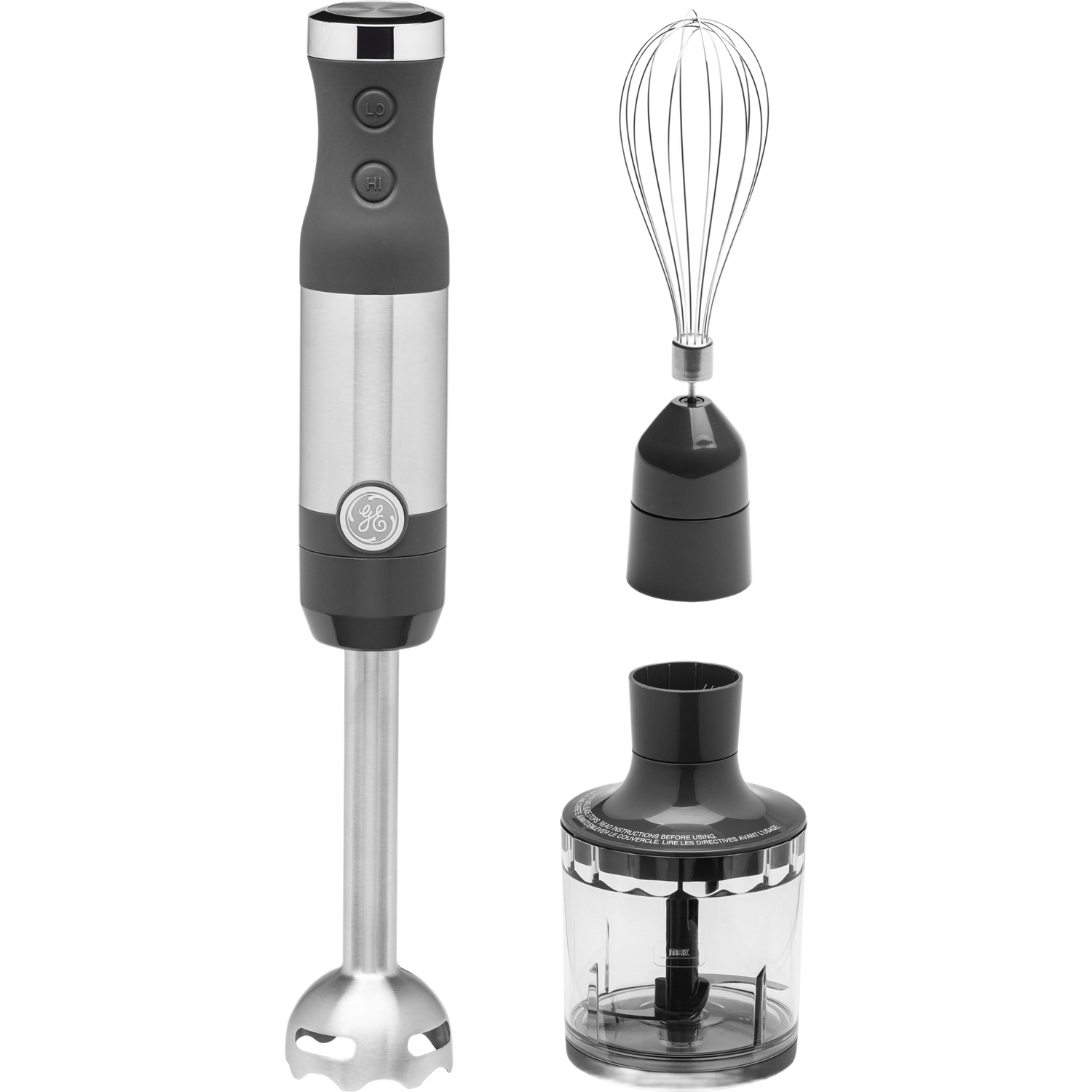Stainless steel immersion blender with detachable whisk and chopper accessories for versatile kitchen food preparation tasks