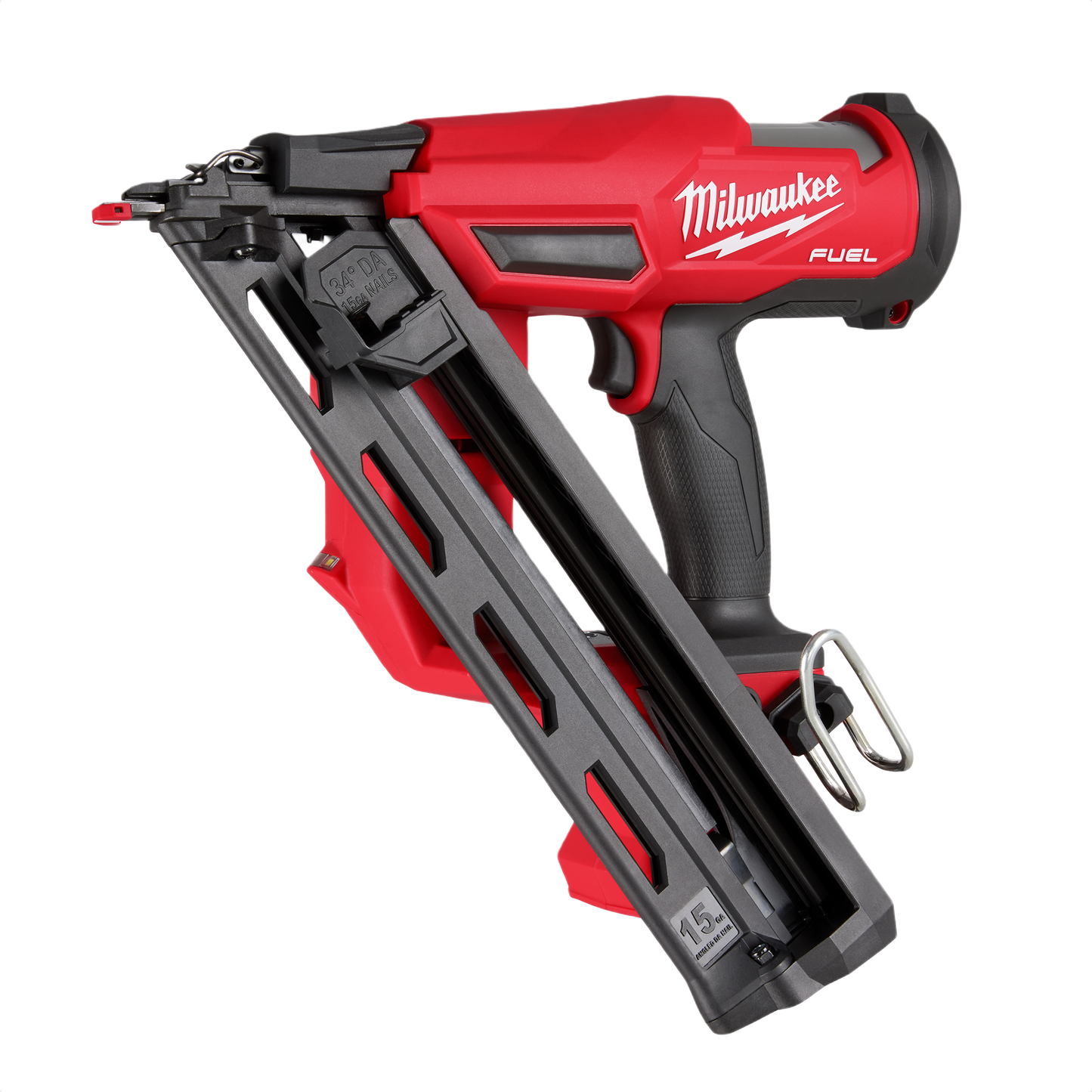 Red and black cordless angled finish nailer designed for precision and durability in tools and home improvement projects