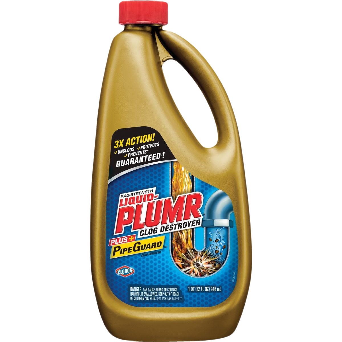 Gold plastic bottle of full clog destroyer with red cap and blue label for plumbing and drain opener use