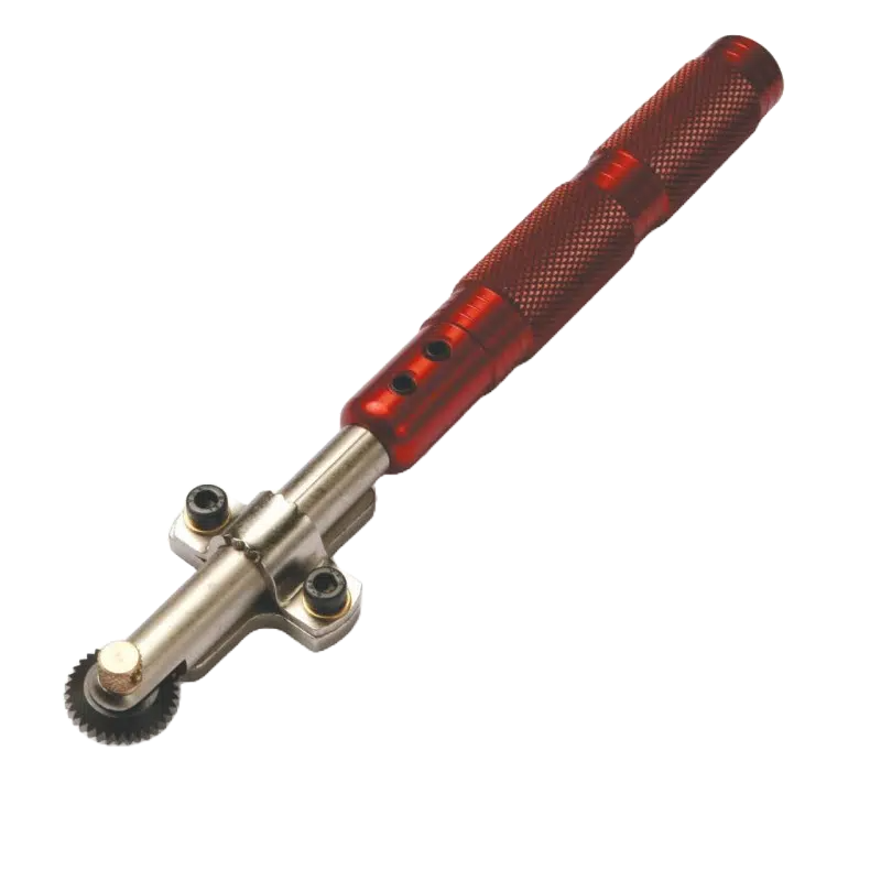 Precision tool with textured red handle and adjustable steel spiralling head for detailed woodworking tasks