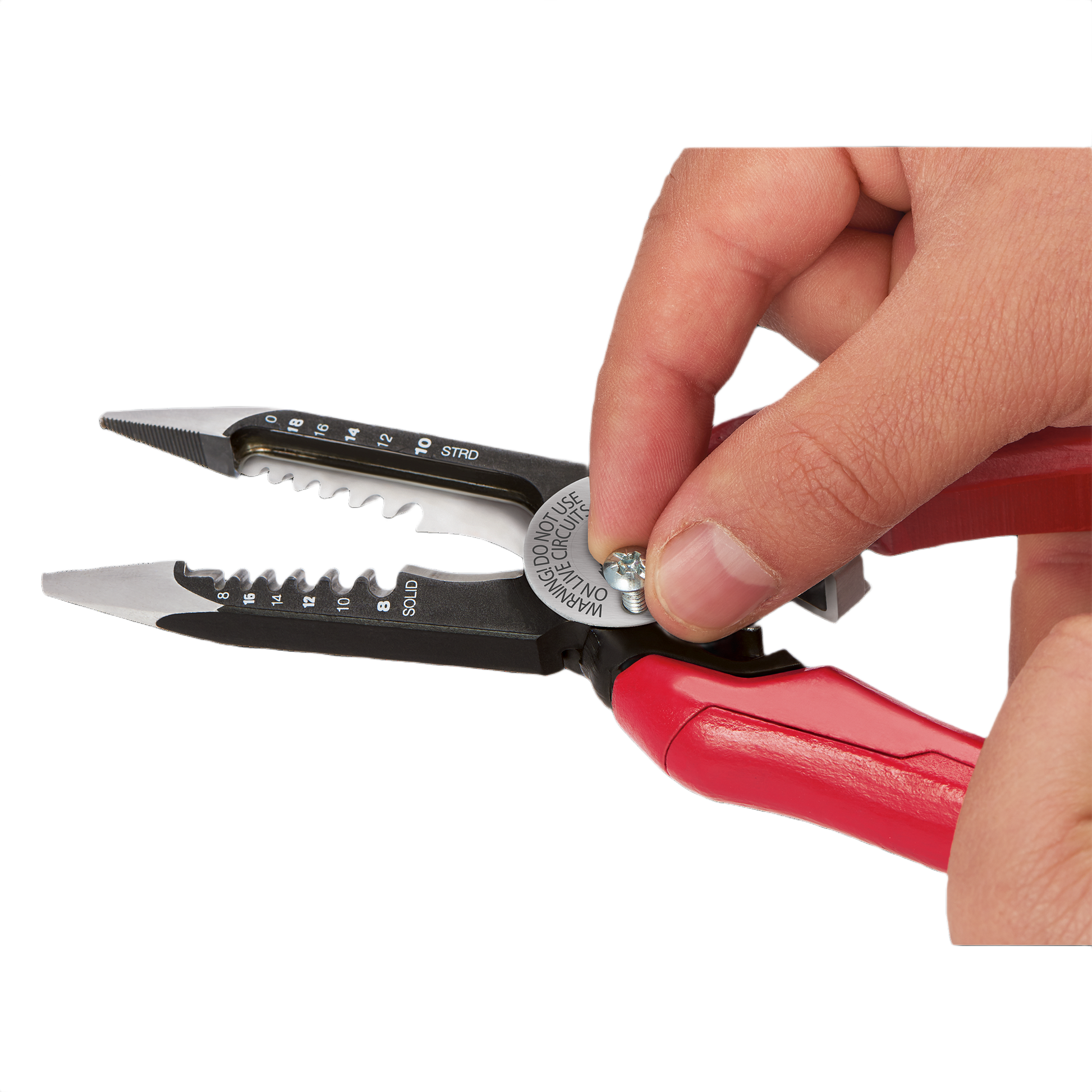 Hand adjusting the pivot bolt on red-handled combination pliers designed for multiple tool and home improvement tasks