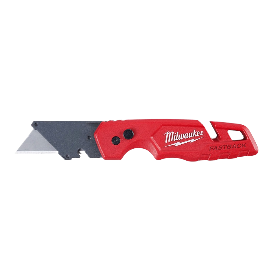 Red and black Milwaukee FASTBACK™ folding utility knife for cutting tasks in hand and woodworking tools under $50 collections
