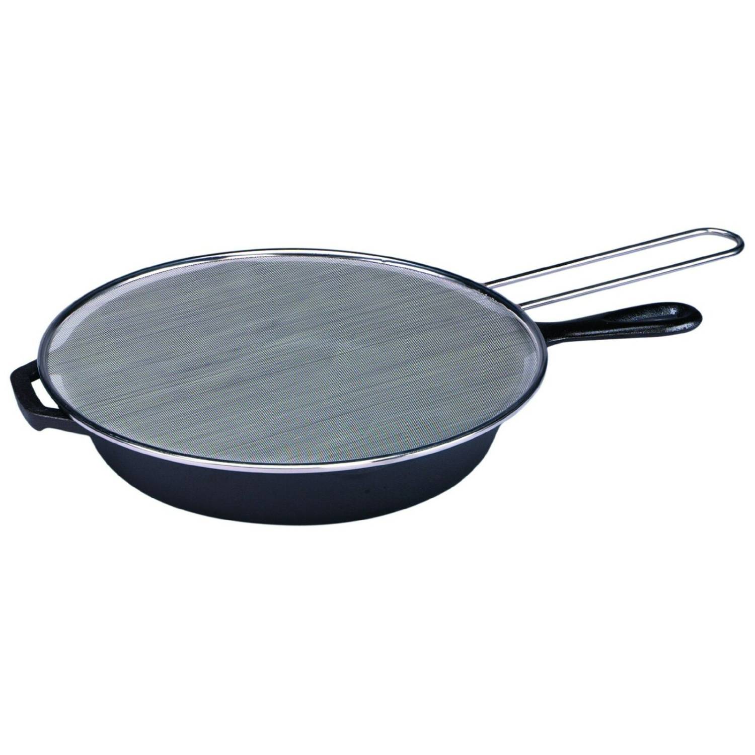 Stainless steel splatter screen with wire handle resting on cast iron skillet in kitchenware and Lodge collections