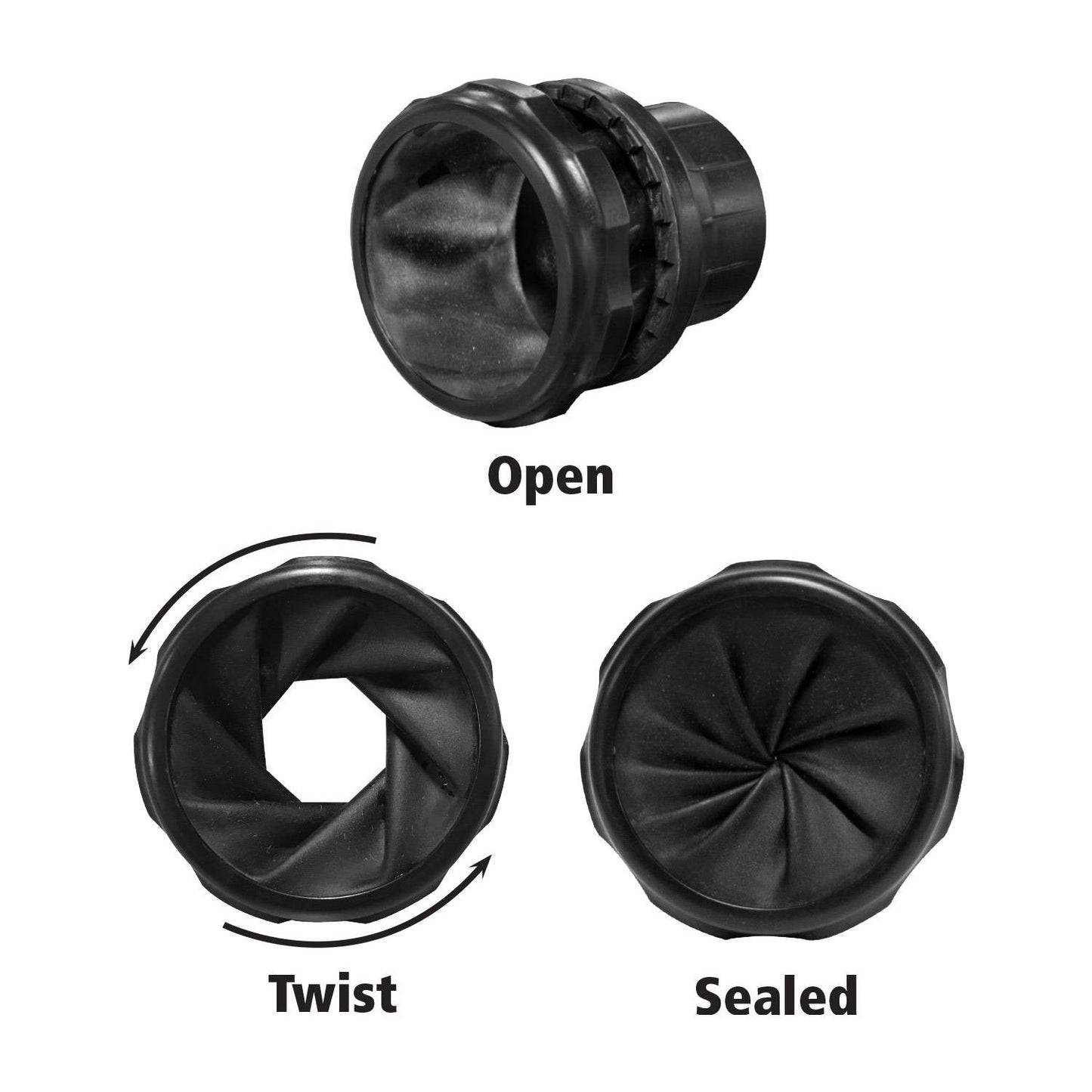 Black flexible universal vacuum adapter showing open, twisting, and sealed positions for tools and home improvement use