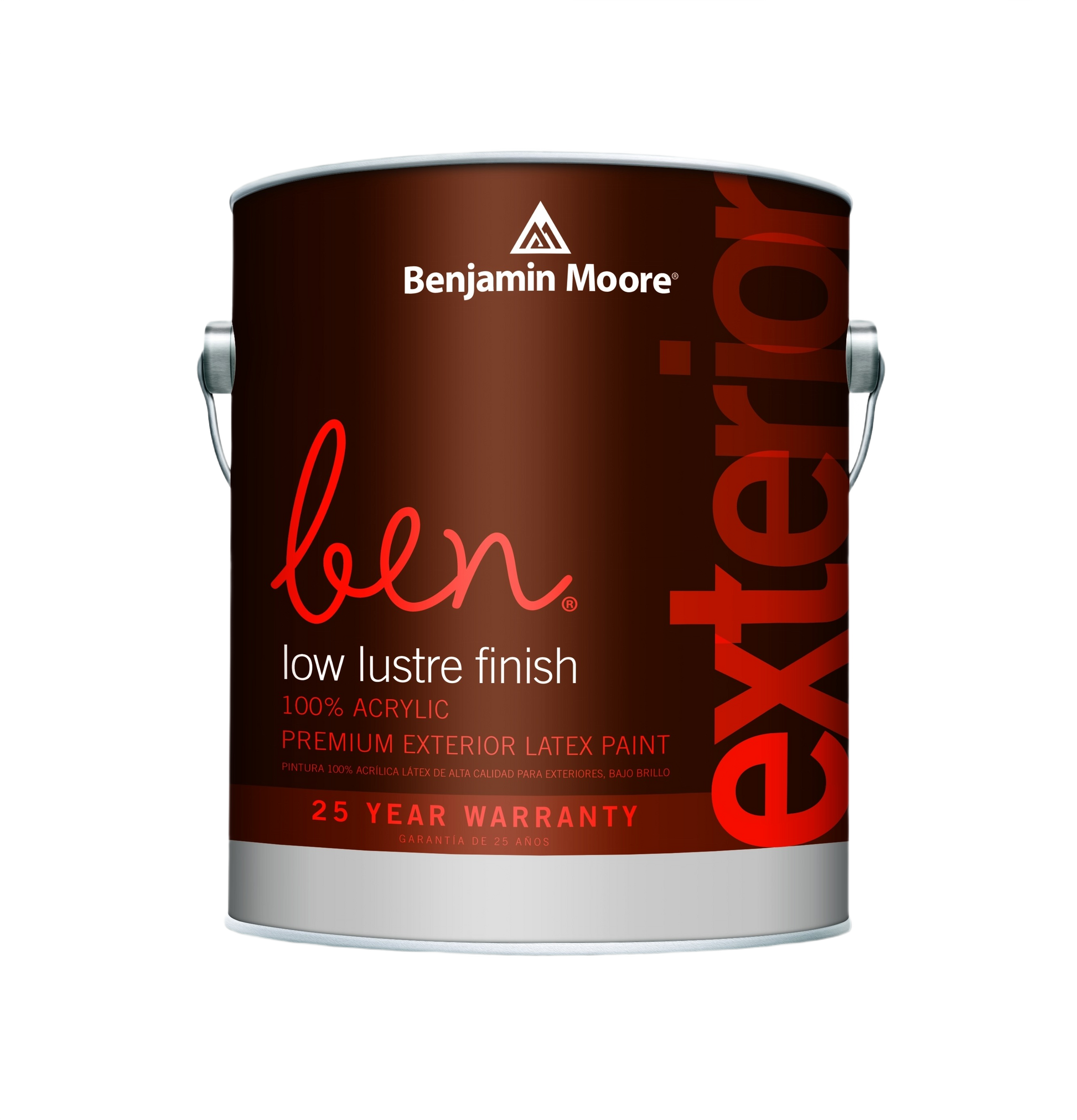 Quart container of Benjamin Moore low lustre finish acrylic exterior paint for exterior wall and door projects