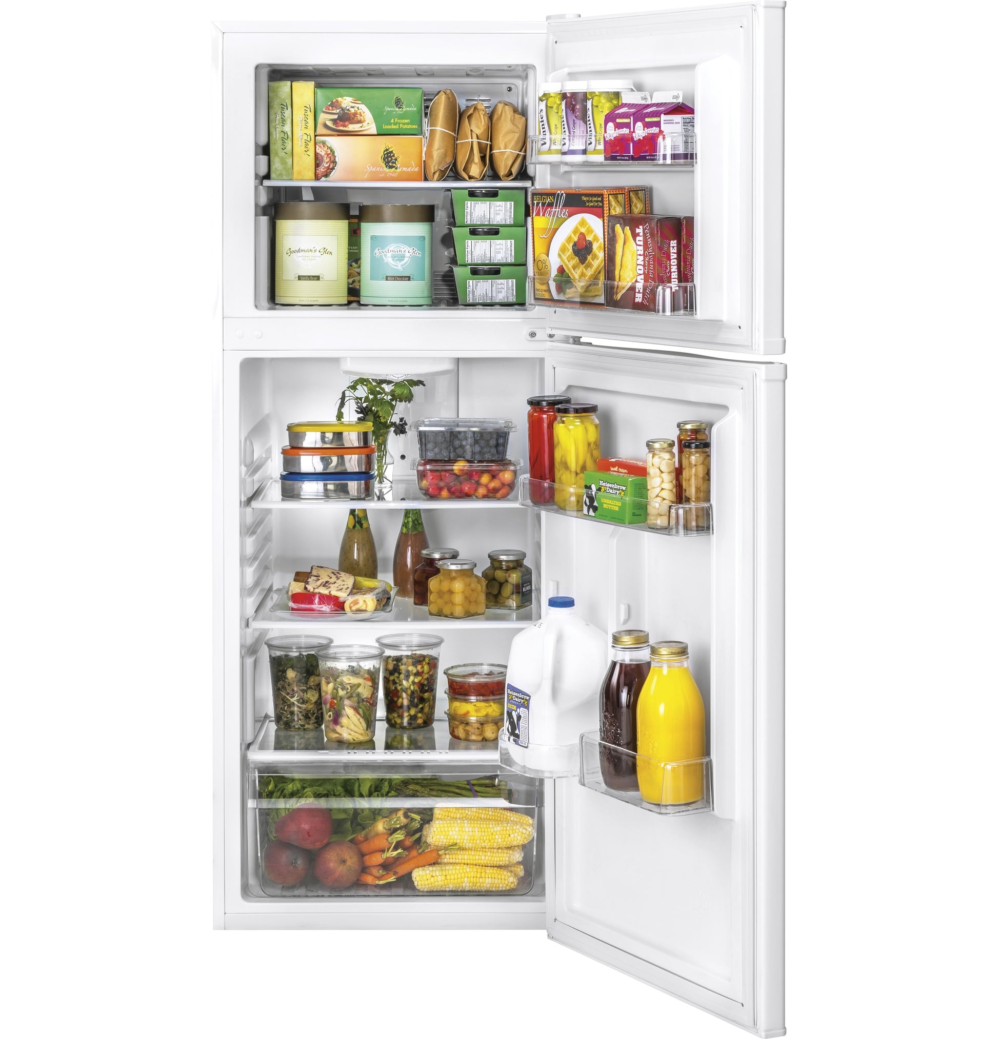 White top freezer refrigerator open showing organized shelves with various food and beverage items inside kitchen appliances collection