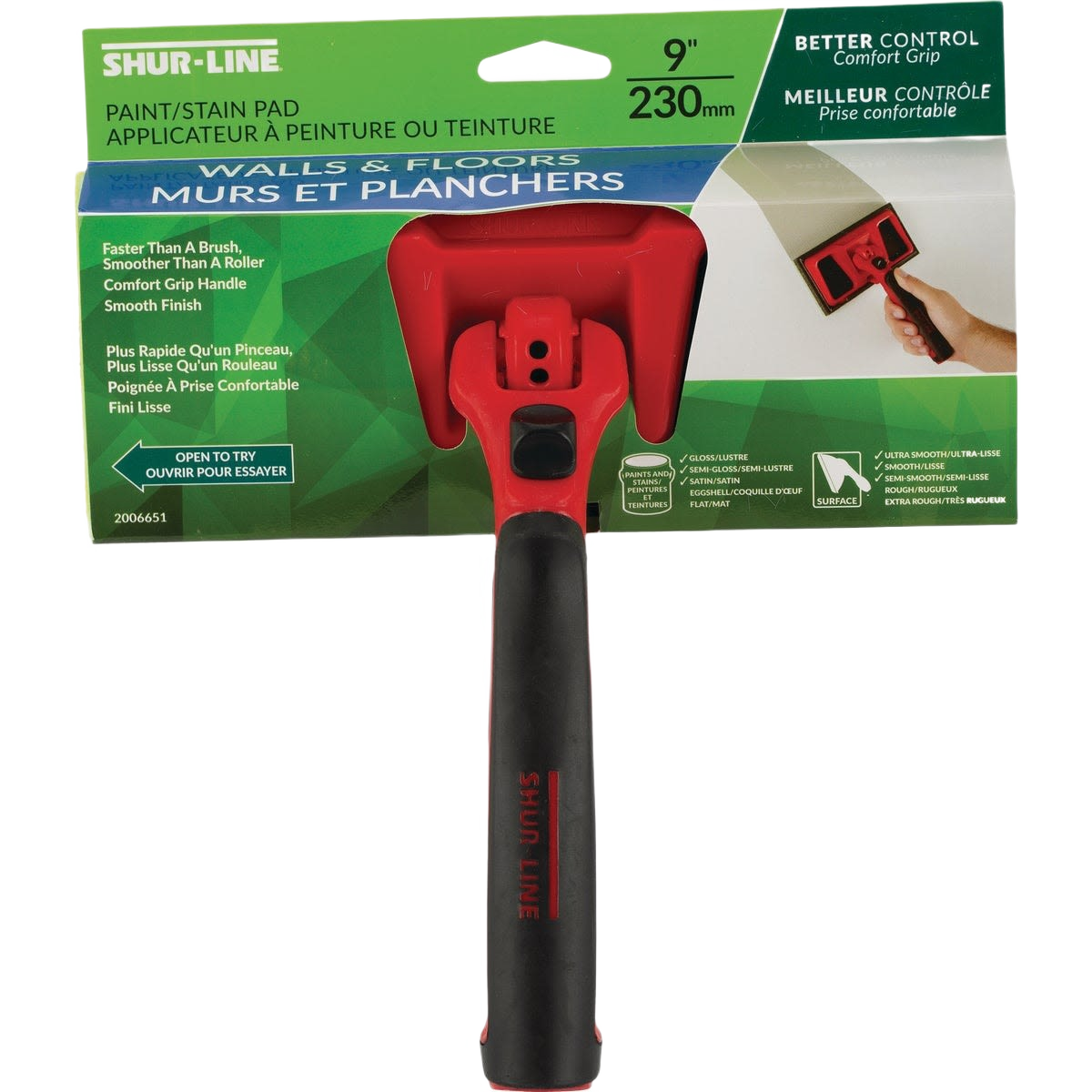 Red and black 9-inch paint pad with comfort grip handle for smooth wall and floor application in home improvement projects