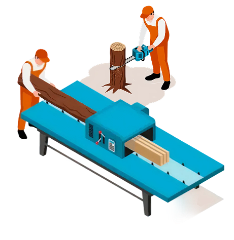 Illustration of two workers wearing orange uniforms processing a tree log with a blue woodworking machine to produce lumber planks.