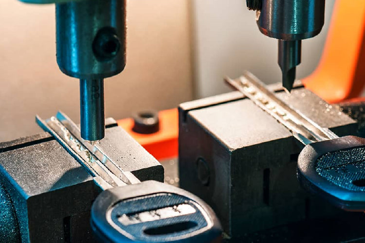 Close-up of two keys fixed in a key cutting machine with metal cutting tools shaping the key edges in a workshop setting.